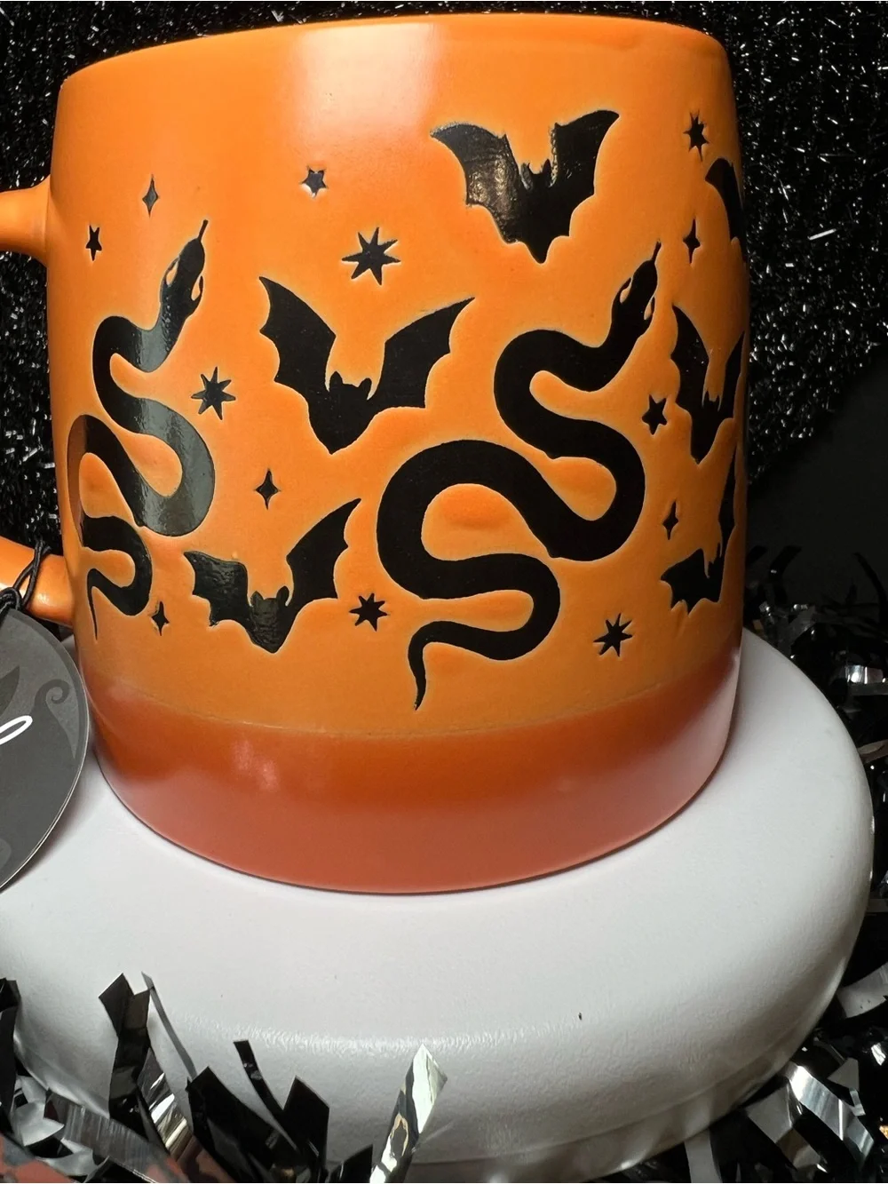 Halloween Orange Stoneware Mug with Black Bats & Snakes Large